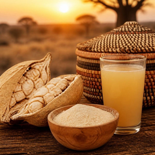 Baobab fruit, baobab powder and a baobab drink