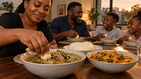 Family eating fufu with light soup and egusi soup