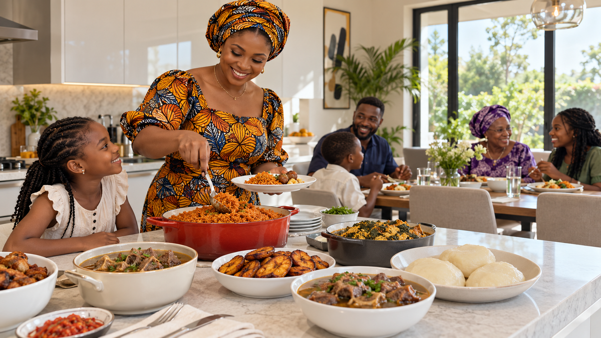 Nigerian family Sunday lunch with pounded yam, egusi soup and jollof rice