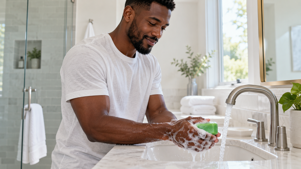 Man washing hands with a green antibacterial soap bar