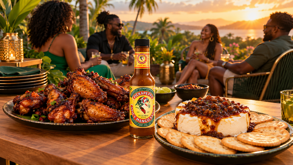 Glazed chicken wings and cream cheese topped with Jamaican Pickapeppa sauce