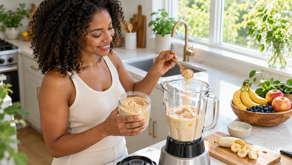 Woman adding maca powder to a banana smoothie