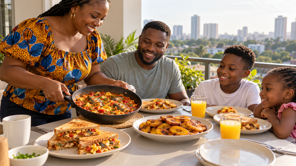 Breakfast table with sardine sandwiches, sardine and egg stew and fried plantain