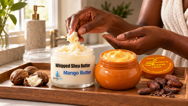 Jars of shea butter and cocoa butter with shea nuts and cocoa beans