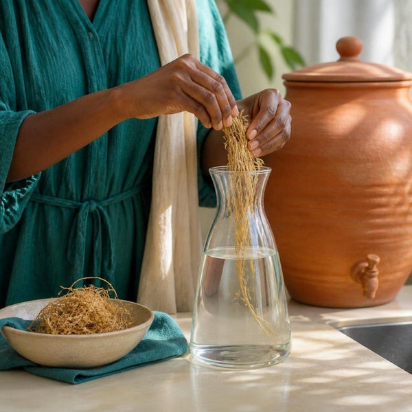 Gongolili vetiver roots being added to a carafe of drinking water