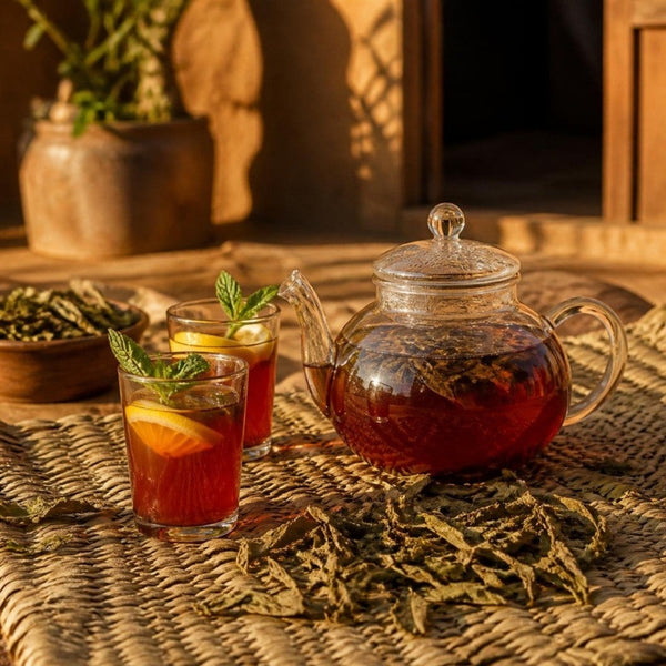 Glasses of kinkeliba bush tea with lemon and mint