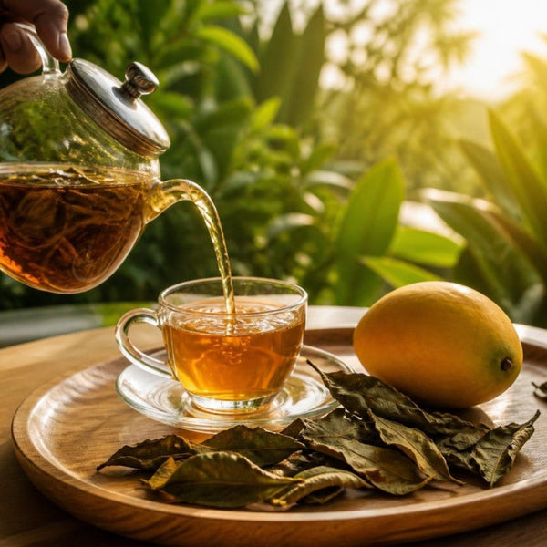 Pouring mango leaf tea with dried mango leaves and a ripe mango