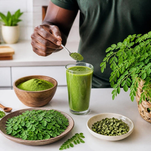 Moringa leaves, moringa powder and a green smoothie