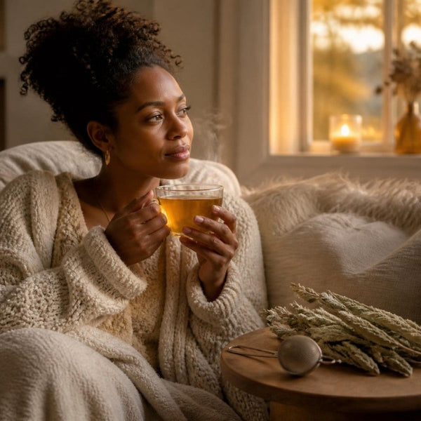 Woman holding a mug of mullein tea