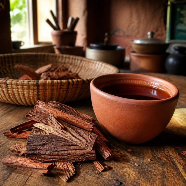 Dried sisinon bark and a clay cup of herbal decoction in a West African kitchen