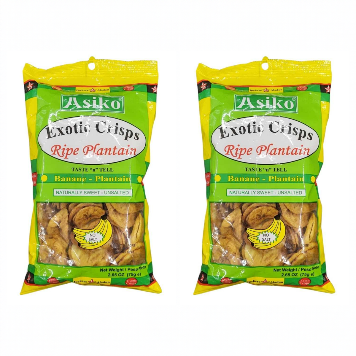 Asiko Ripe Plantain Crisps 75g pack of 2 bags