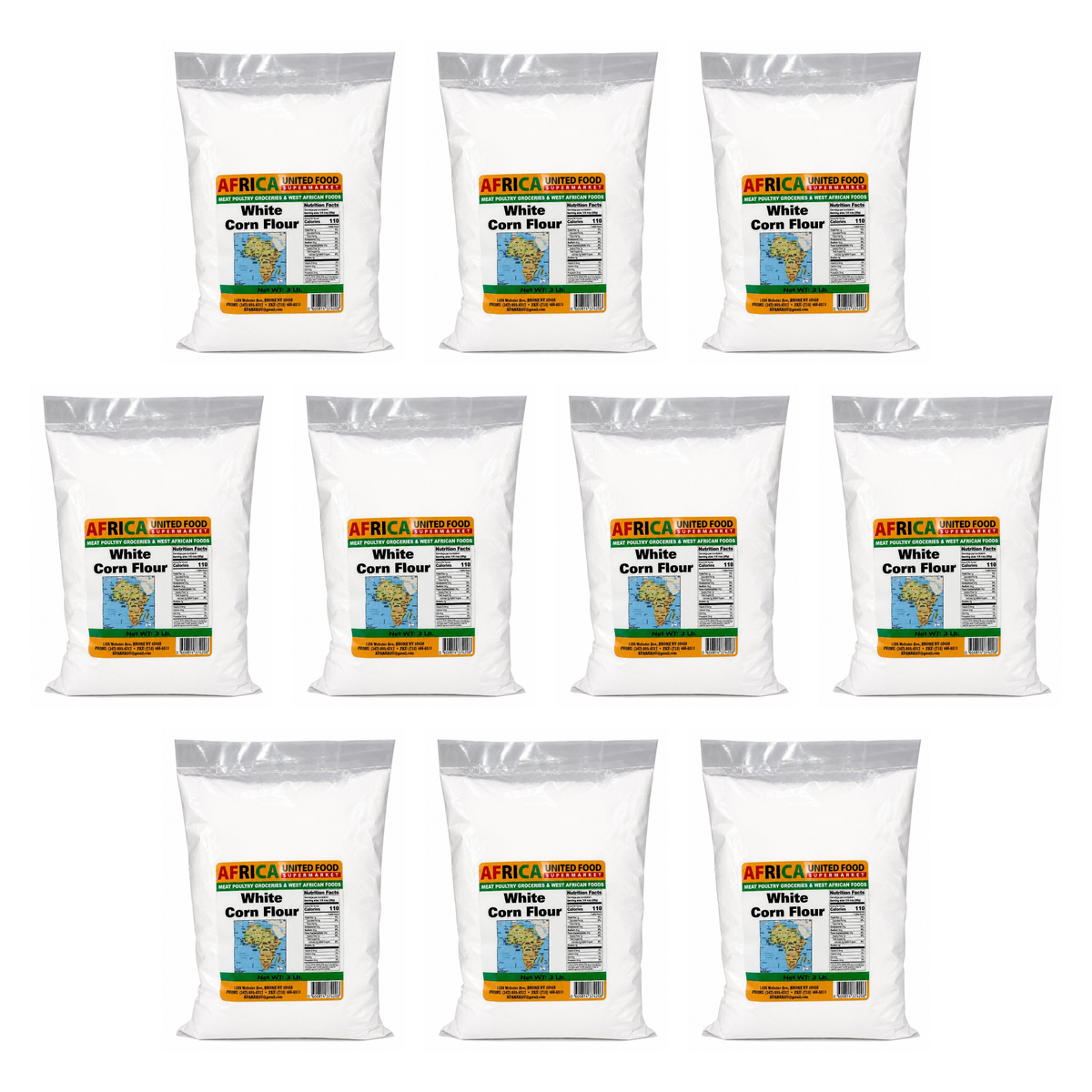 African United Food White Corn Flour 3 lb pack of 10 bags