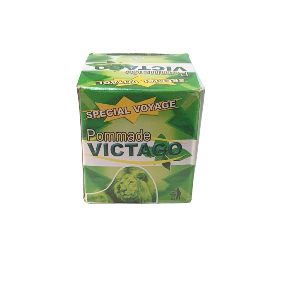 Box of Pommade Victago herbal balm “Special Journey” with a green design and lion image, used for soothing muscle and joint pain.