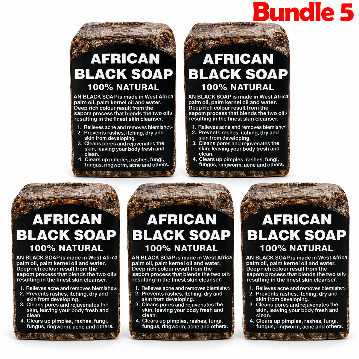 100 African Black Soap 100% Natural Cleanser, a traditional African soap made for gentle daily cleansing, removing impurities, and leaving skin feeling fresh, clean, and smooth, pack of 5