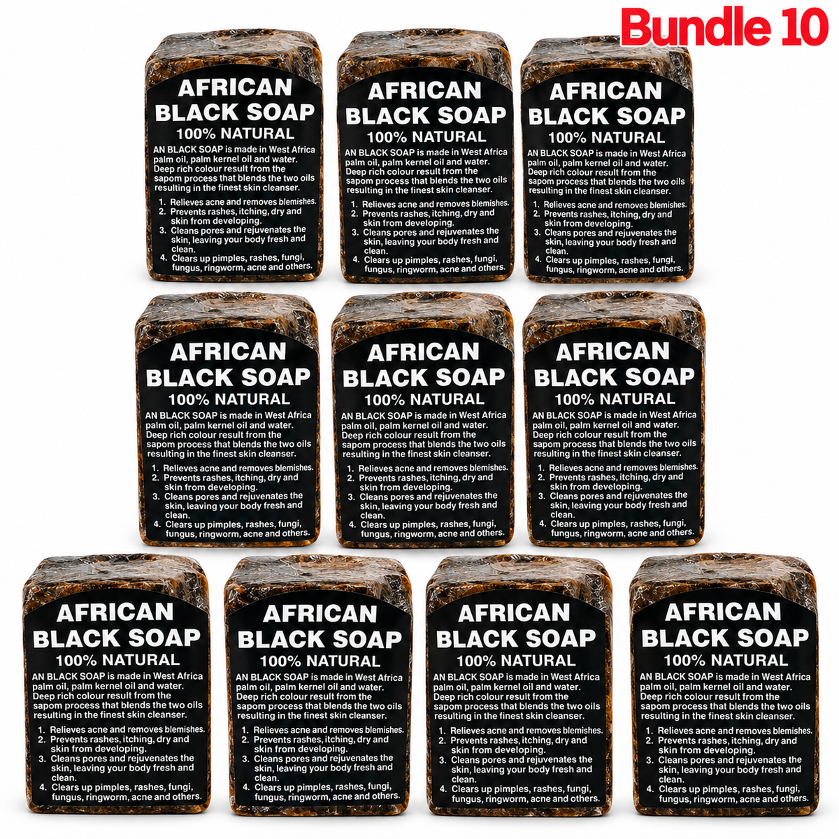 100 African Black Soap 100% Natural Cleanser, a traditional African soap made for gentle daily cleansing, removing impurities, and leaving skin feeling fresh, clean, and smooth, pack of 10