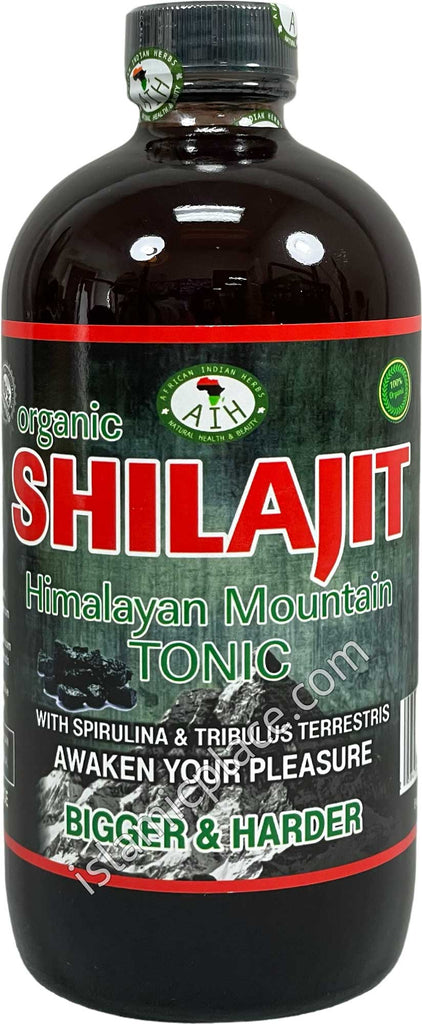 Organic Shilajit Himalayan Mountain Tonic bottle, 16 oz, with label highlighting benefits for enhancing pleasure, promoting bigger and harder performance.
