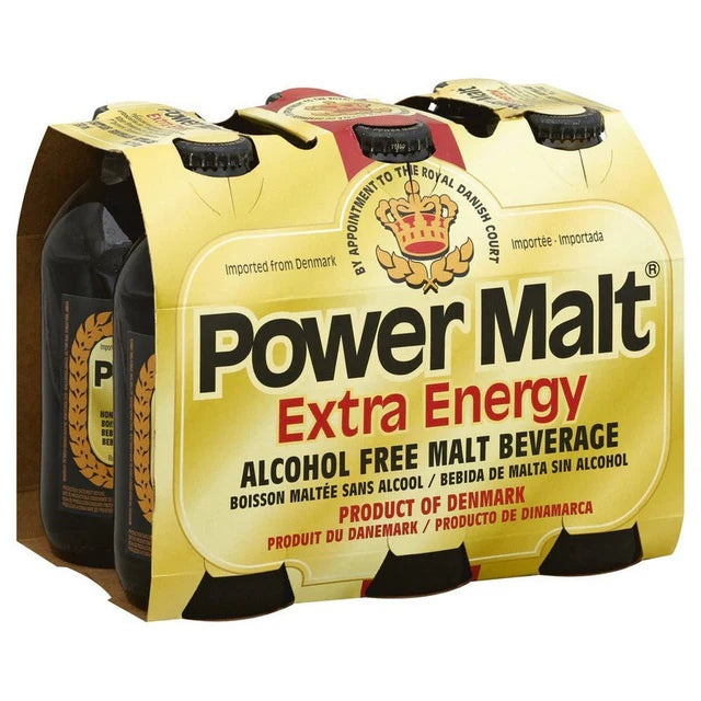 Power Malt Extra Energy Non-Alcoholic Malt Drink – Pack of 6 glass bottles, displayed in branded packaging with dark brown labels and gold accents