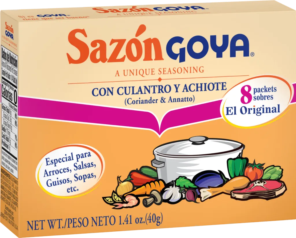 Sazón with Coriander and Annatto – Flavorful seasoning blend combining coriander, annatto, and spices to enhance meats, rice, soups, and traditional Latin dishes.