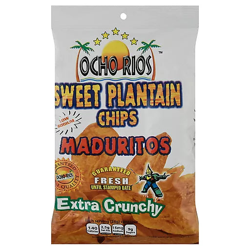 Ocho Rios Plantain Chips – Crispy, golden-brown plantain chips in a bright snack pack showcasing authentic Caribbean flavor.