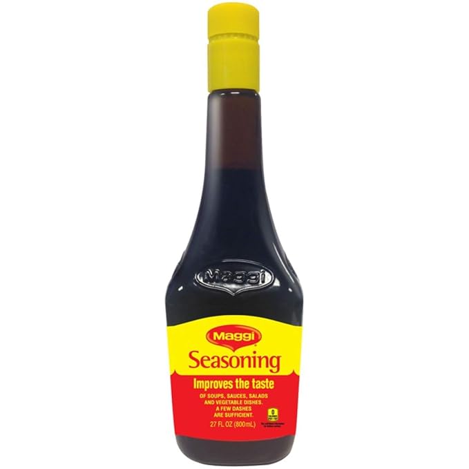Maggi Seasoning Liquid 27 oz bottle — rich, savory liquid seasoning used to enhance the flavor of soups, stews, meats, and marinades.