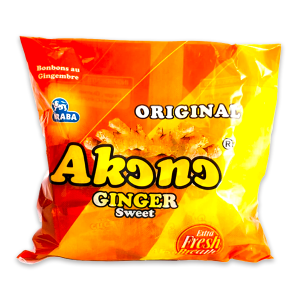 A 125g package of Afriwara Akono Ginger, showing the brand label and neatly sealed packaging. The pack contains dried ginger pieces used for seasoning, cooking, or tea preparation.
