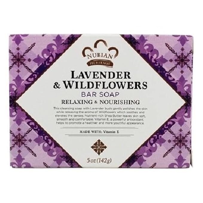 Nubian Heritage Lavender & Wildflowers bar soap packaging on a white background
