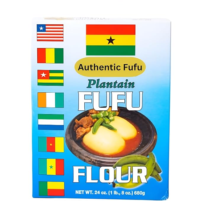 Golden Tropics Plantain Fufu Flour 680g box featuring a bowl of fufu with soup, green plantains, and flags from various West African countries.