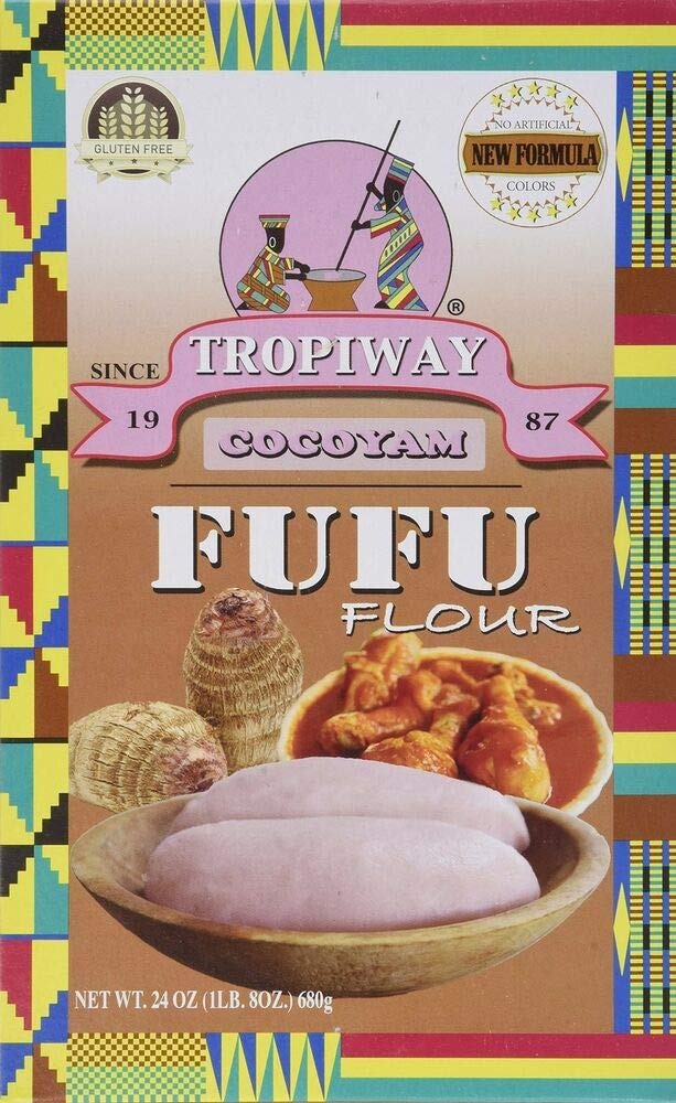 Box of Tropiway Cocoyam Fufu Flour, 24 oz (680g), showing a bowl of fufu served with soup and cocoyams on the packaging, decorated with colorful African patterns.