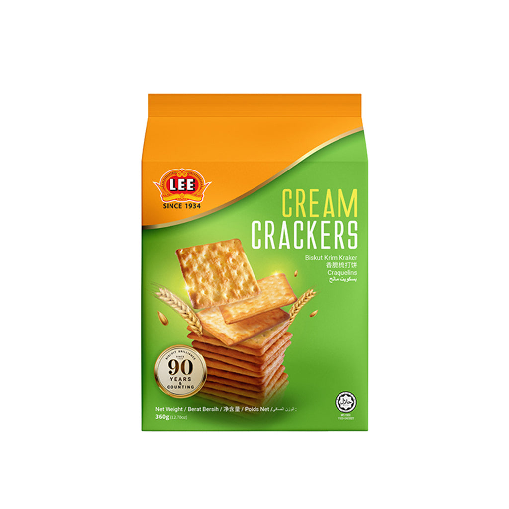 Pack of Cream Crackers 360g, showing golden square crackers on light-colored packaging, highlighting their crisp and buttery texture.