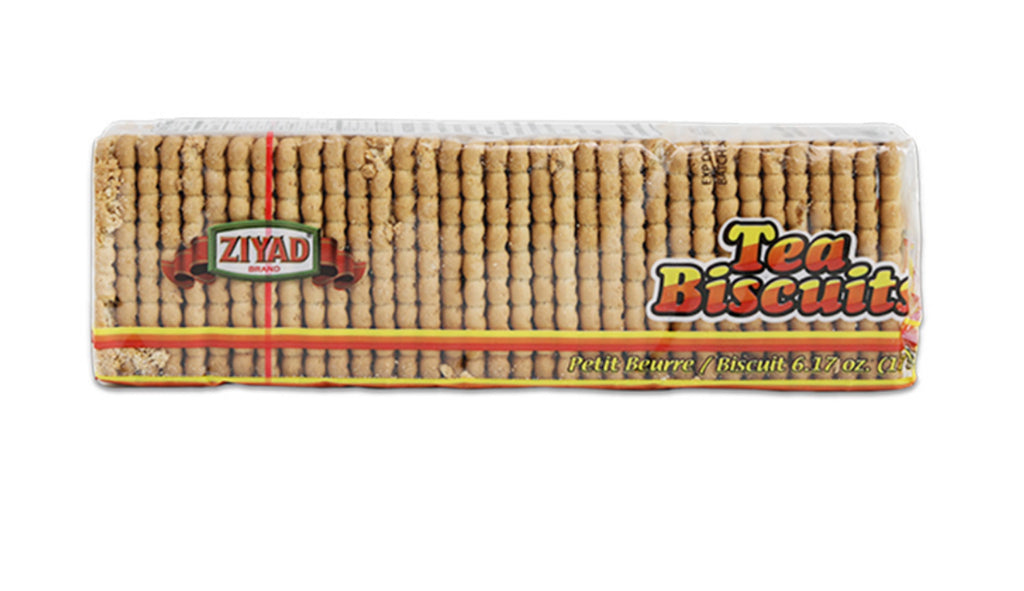 Package of Ziyad Brand Tea Biscuits (175 g / 6.17 oz) labeled “Petit Beurre Biscuit.” The biscuits are neatly stacked in clear plastic packaging with red and yellow bands. The label features the Ziyad logo and bold text “Tea Biscuits” in brown and yellow.