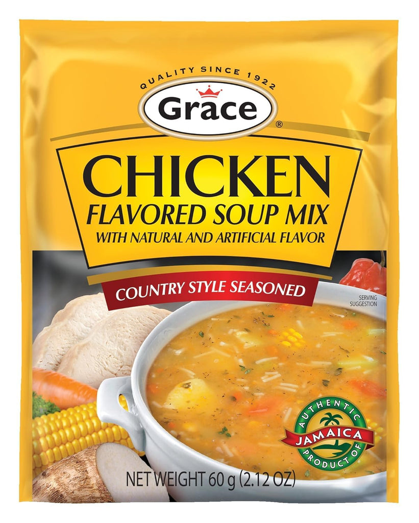 Grace Chicken Flavored Soup Mix 2.12oz – Jamaican country-style dry soup mix with rich chicken flavor and authentic herbs and spices.