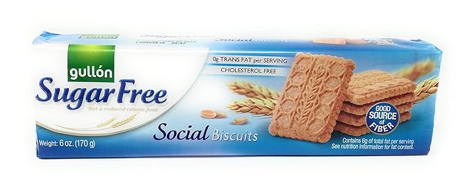 Package of Gullón Sugar Free Social Biscuits (170 g / 6 oz) featuring an image of rectangular golden biscuits stacked beside wheat stalks. The label highlights “0g Trans Fat per Serving,” “Cholesterol Free,” and “Good Source of Fiber” with a blue and white design and the Gullón logo in green.