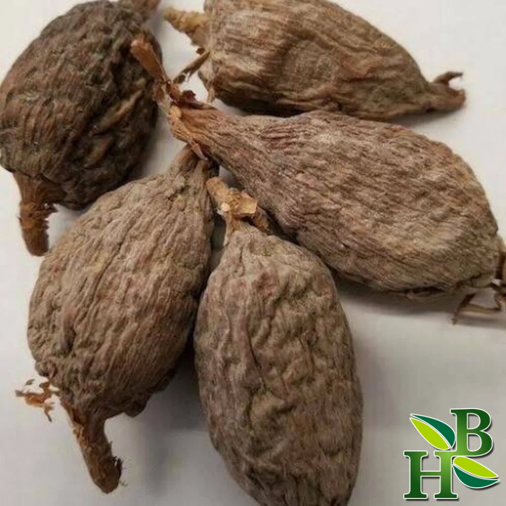 Dried brown berries on a white background with a visible brand logo.