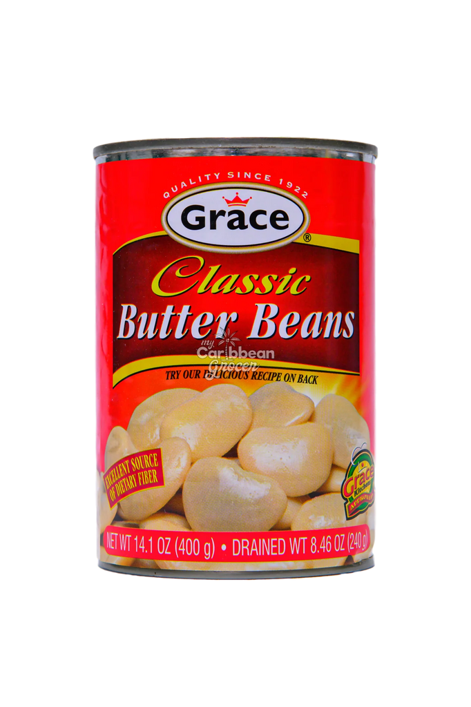 Grace Classic Butter Beans can, 14.1 ounces, featuring the Grace brand logo and an image of cooked butter beans on the label.