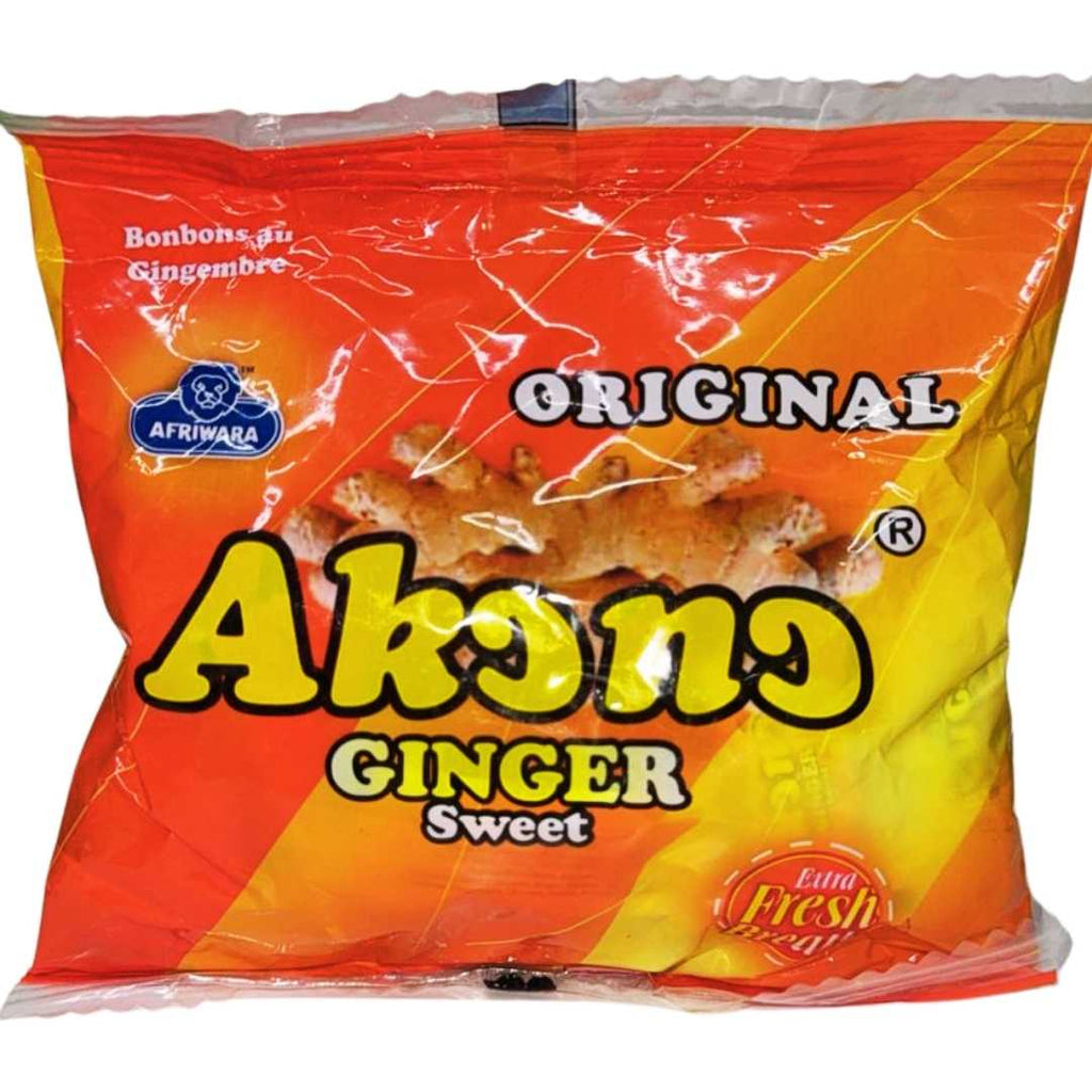 A 125g package of Afriwara Akono Ginger, showing the brand label and neatly sealed packaging. The pack contains dried ginger pieces used for seasoning, cooking, or tea preparation.