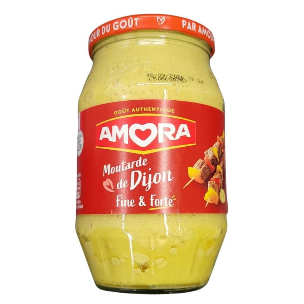 Amora Dijon Mustard – Classic French mustard in a glass jar with a yellow label and red cap, known for its smooth and tangy flavor.