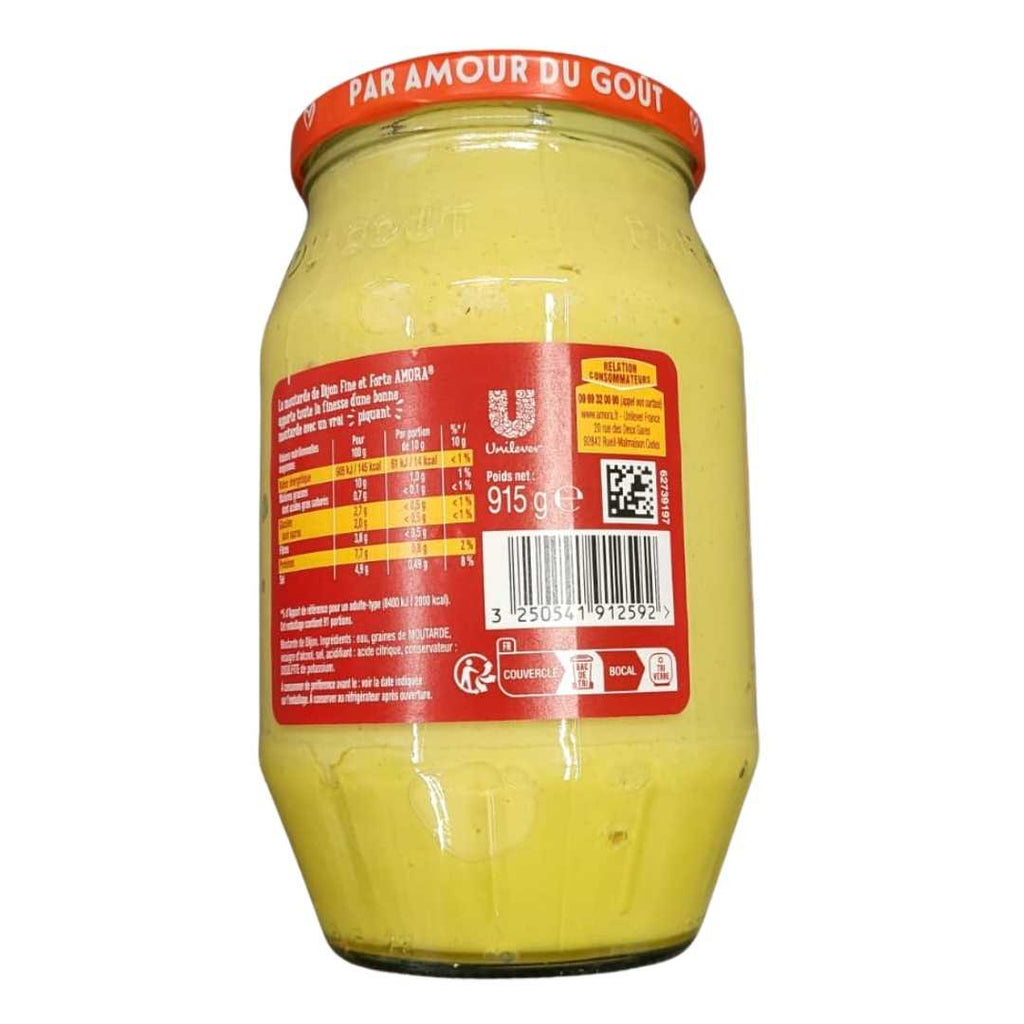 Amora Dijon Mustard – Classic French mustard in a glass jar with a yellow label and red cap, known for its smooth and tangy flavor.
