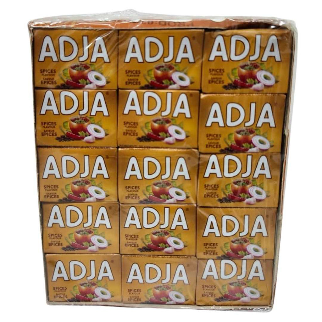 Pack of Adja Spices Flavor seasoning cubes in gold packaging, featuring images of vegetables, onions, and peppers on each cube wrapper.