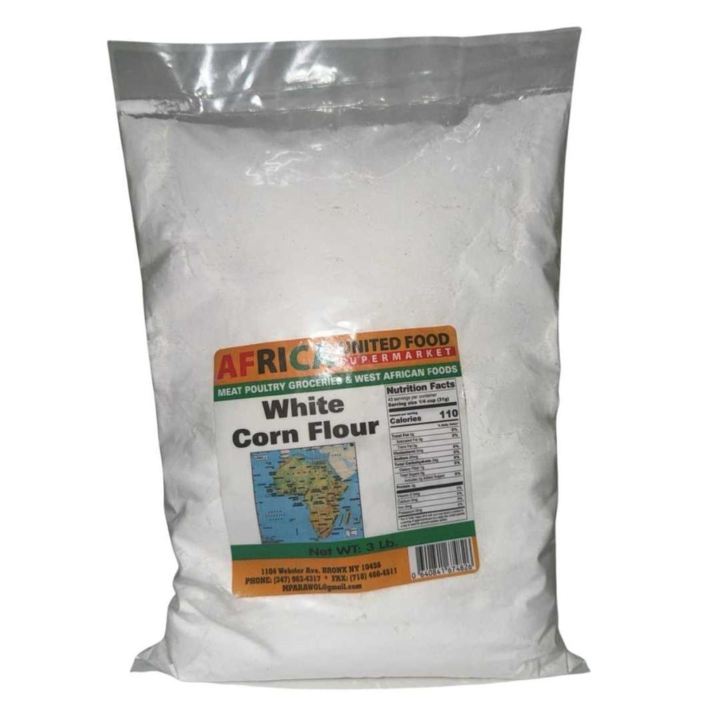 Bag of African United Food White Corn Flour – 3 lb package. Transparent plastic bag filled with fine white flour. Label features a map of Africa and text in orange, green, and black with product details, nutrition facts, and store contact information printed at the bottom.