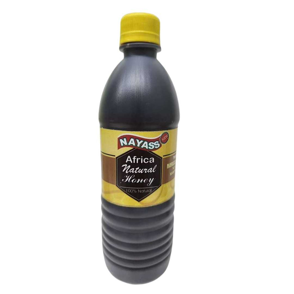 Nayass Africa Natural Honey bottle – 100% natural dark amber honey packaged in a ribbed plastic bottle with a yellow cap and gold-and-brown label displaying “Africa Natural Honey.”