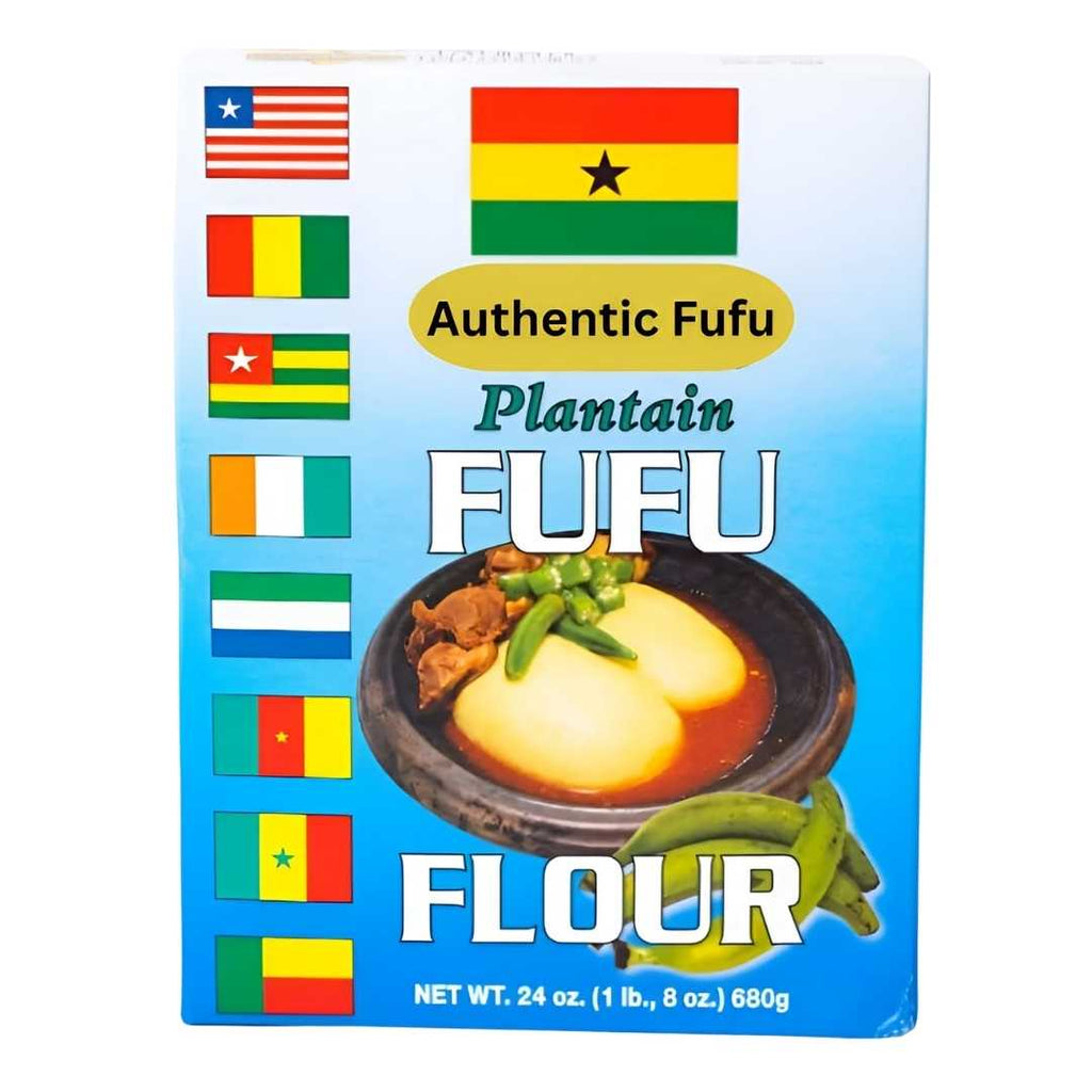 Golden Tropics Plantain Fufu Flour 680g box featuring a bowl of fufu with soup, green plantains, and flags from various West African countries.