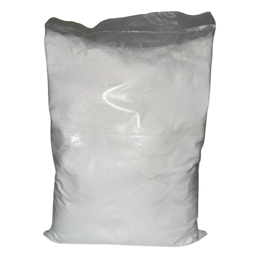 Bag of African United Food White Corn Flour – 3 lb package. Transparent plastic bag filled with fine white flour. Label features a map of Africa and text in orange, green, and black with product details, nutrition facts, and store contact information printed at the bottom.