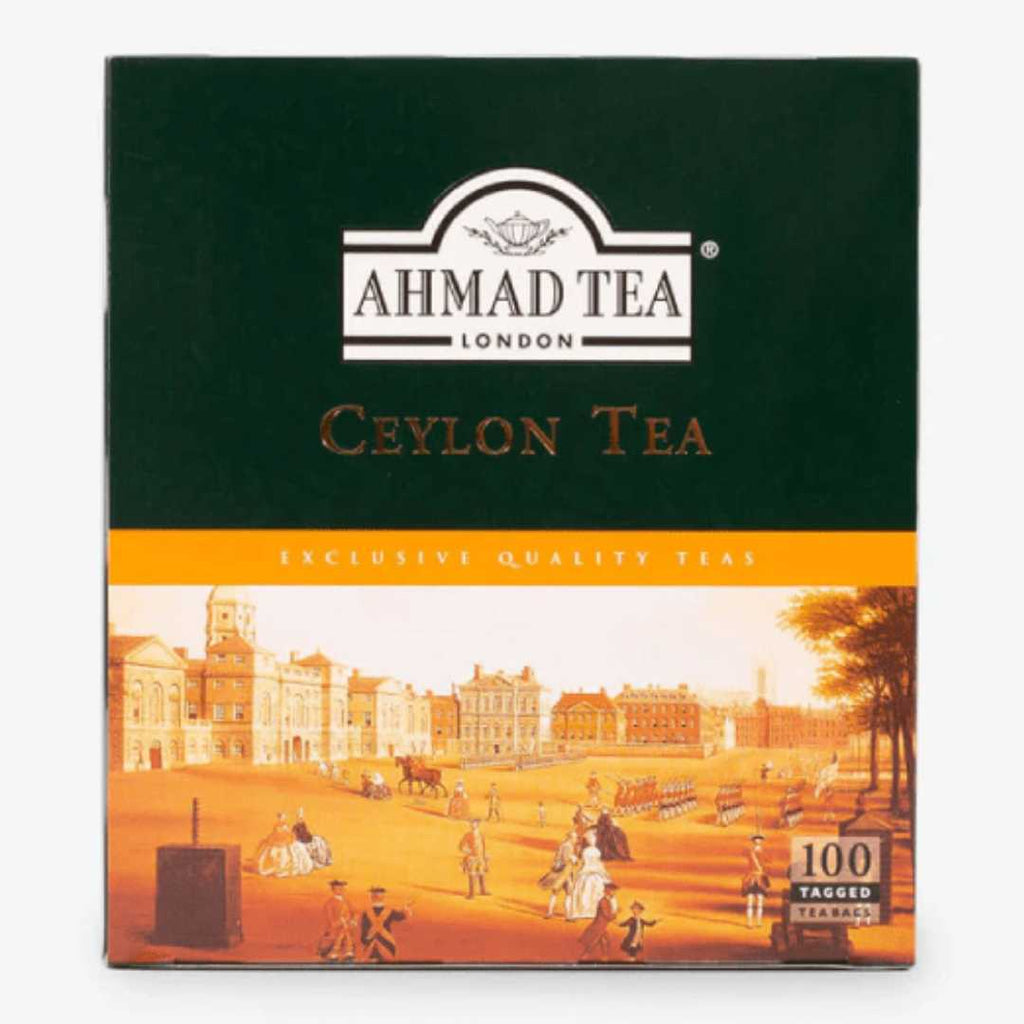 Ahmad Tea London Ceylon Tea box with a scenic illustration on a white background