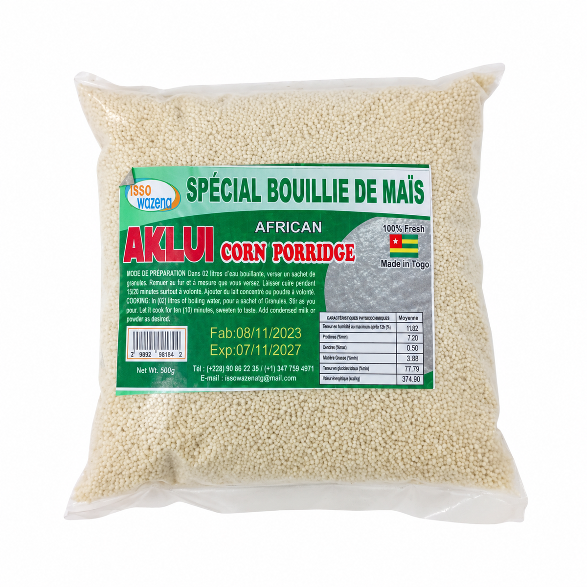 Isso Wazena Aklui corn porridge, small grain, 500g bag made in Togo