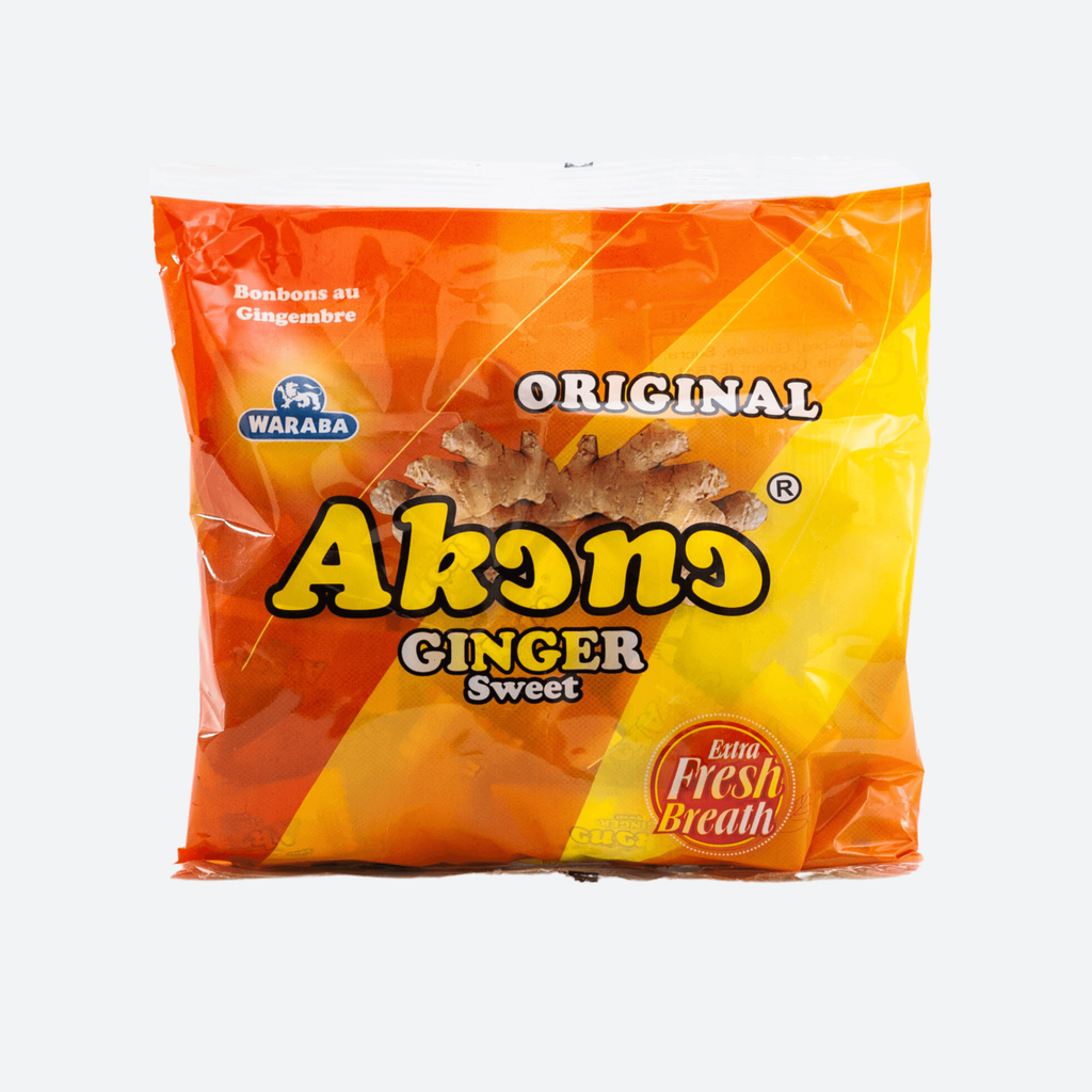 Akono Sweet Ginger Candy – Authentic sweet ginger candy in a 125g pack, featuring golden bite-sized pieces with rich ginger flavor.