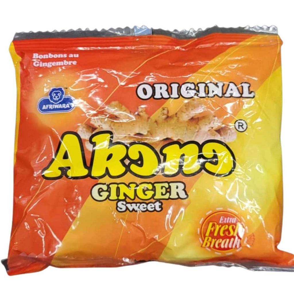 Akono Sweet Ginger Candy – Authentic sweet ginger candy in a 125g pack, featuring golden bite-sized pieces with rich ginger flavor.