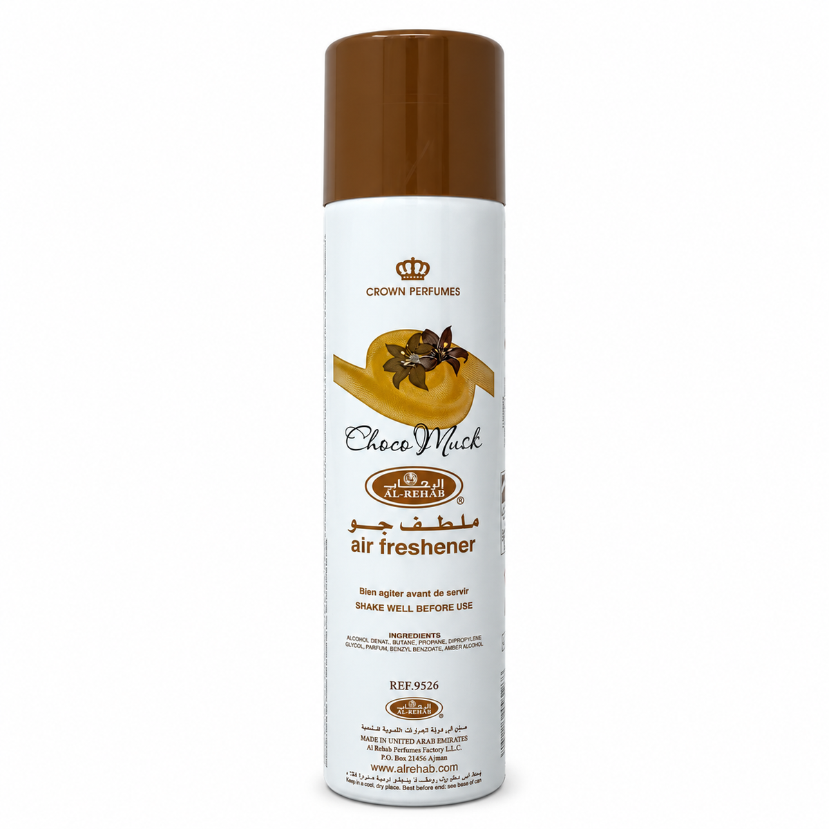 Al-Rehab Choco Musk Air Freshener Misting Spray, aromatic home fragrance with warm chocolate and musk-inspired notes, designed to refresh rooms and create a sweet, inviting atmosphere.