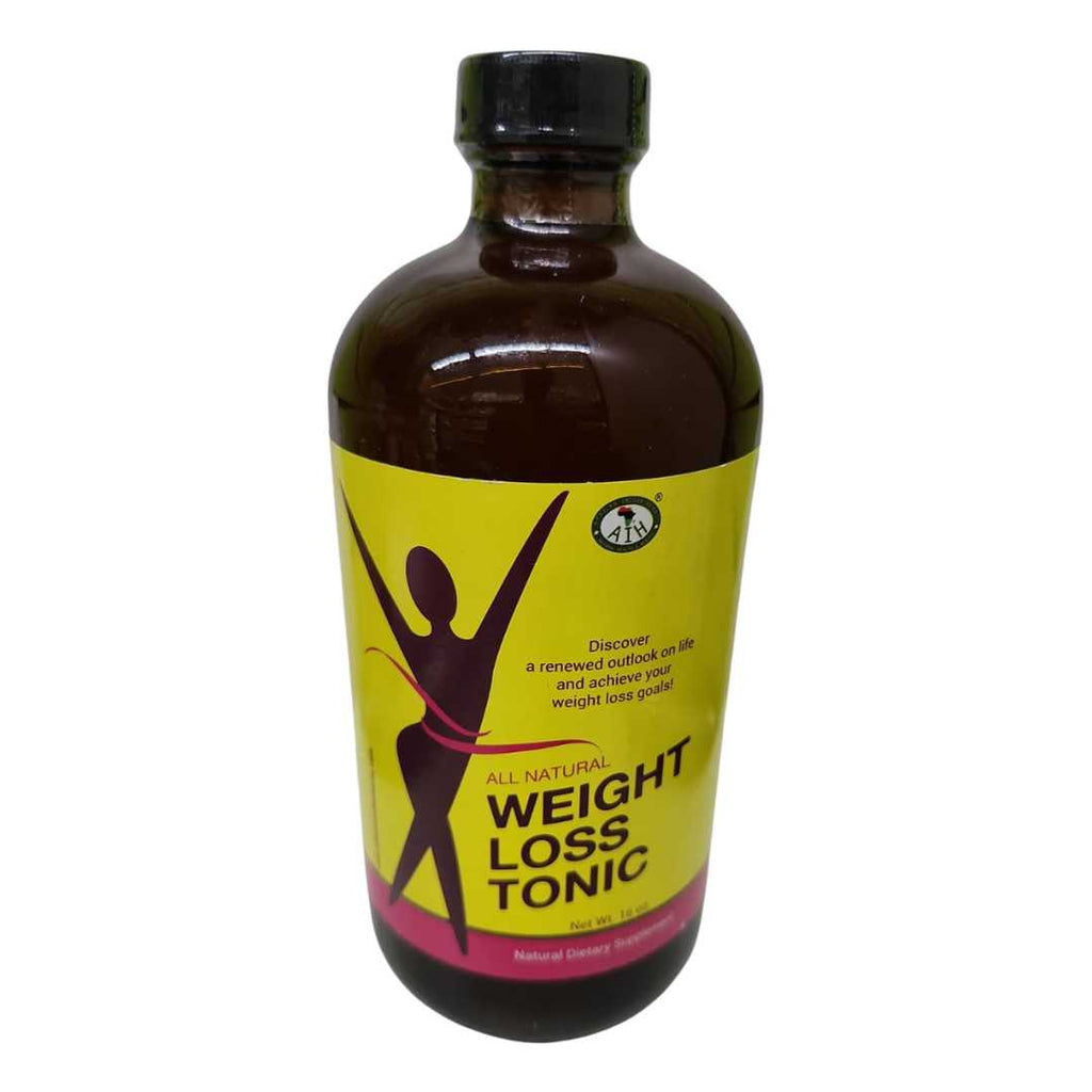 Brown bottle with a black cap labeled “All Natural Weight Loss Tonic,” featuring a yellow label with a silhouette figure and wellness message. The bottle contains 16 oz of natural dietary supplement.