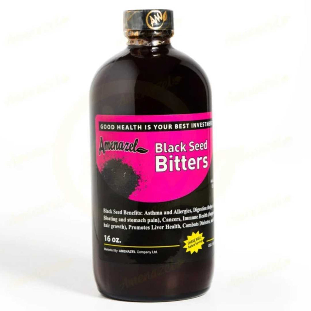 Bottle of Amenazel Organic Black Seed Bitters, 16 fluid ounces, with a dark amber liquid inside and a label featuring natural and organic design elements.