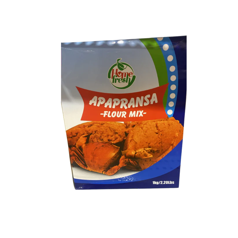 Box of Apapransa Flour Mix, featuring an image of the prepared traditional Ghanaian dish Apapransa, with vibrant African-inspired packaging design.